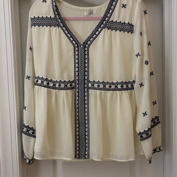 STELLA & DOT MAETTE SHEER BLOUSE SIZE M LINED NAVY EMBROIDERED  BUTTON LS - Picture 1 of 14